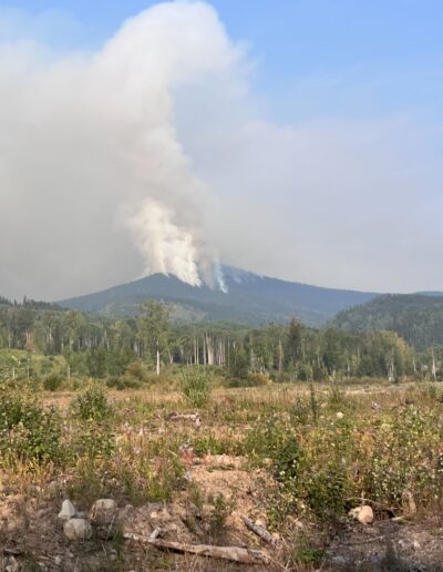 Mountain in background with smoke from wildfire coming off it.