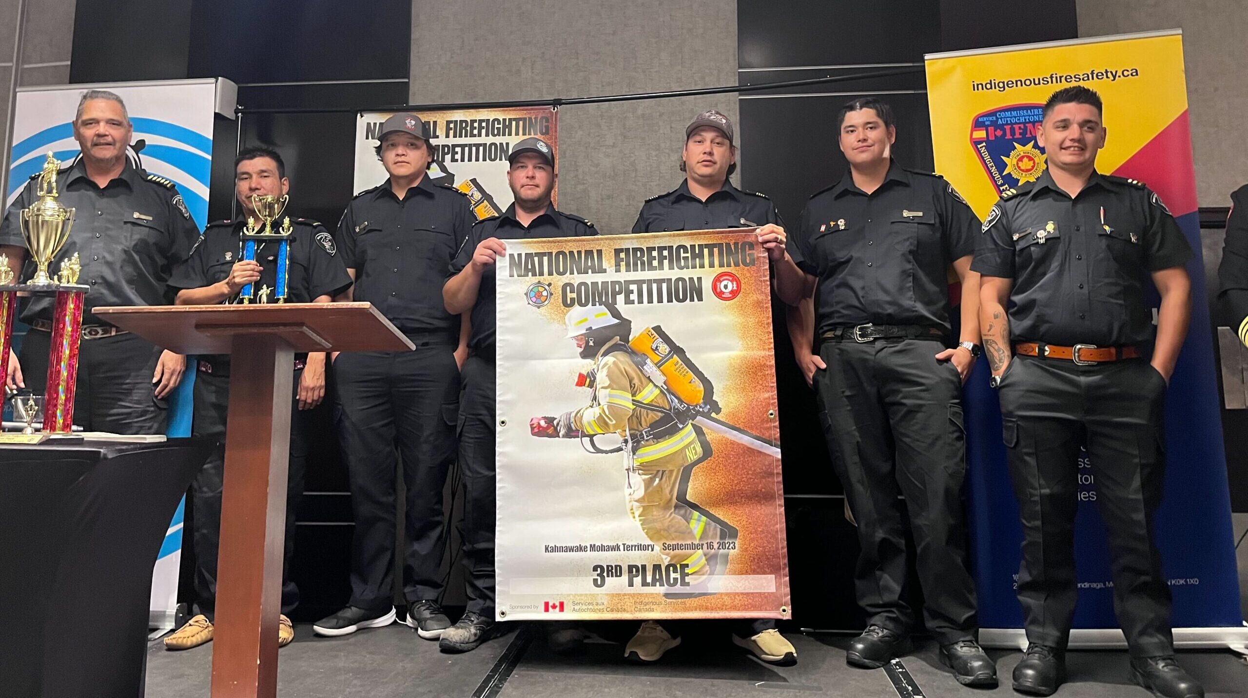 Team BC, represented by Saik'uz First Nation, wins third place at the 34th Annual National Indigenous Firefighting Competition. Photo credit: Chris Turner. Team BC Indigenous firefighters accepting their 3rd place trophy at the national competition in Montreal