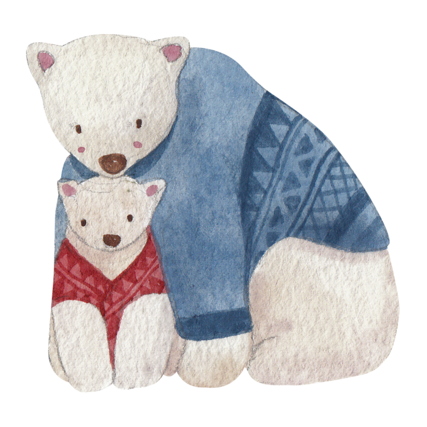 watercolour illustration of a big polar bear in a sweater cuddling a smaller one in a sweater