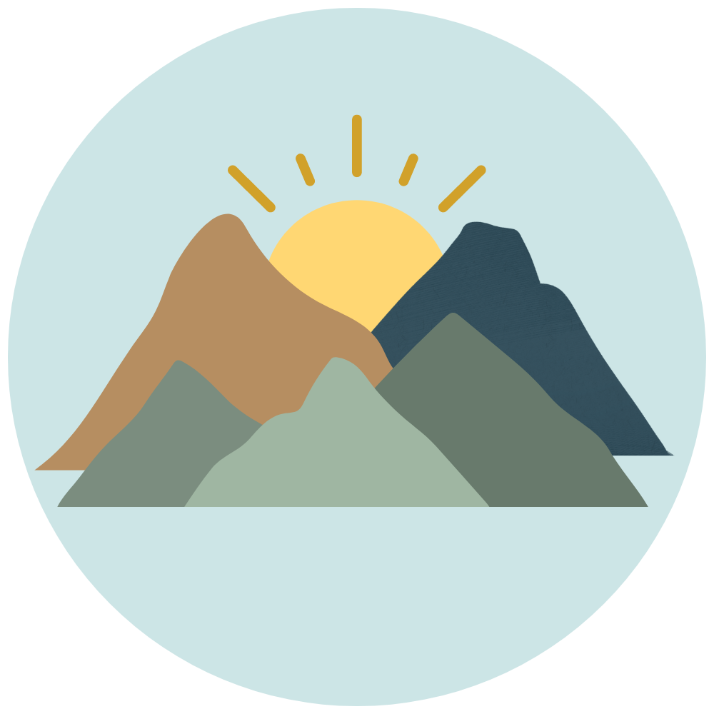 illustration of the sun low in the sky, behind mountains