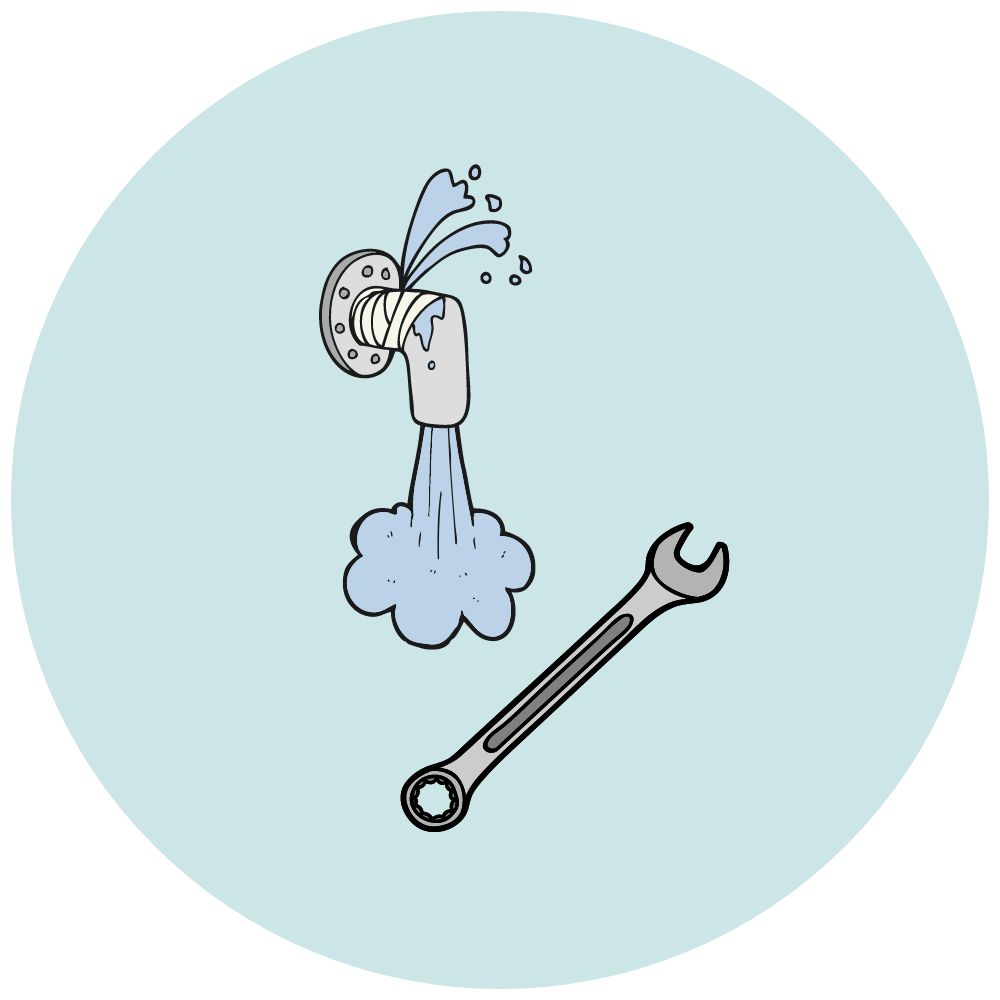 illustration of a broken tap and a wrench