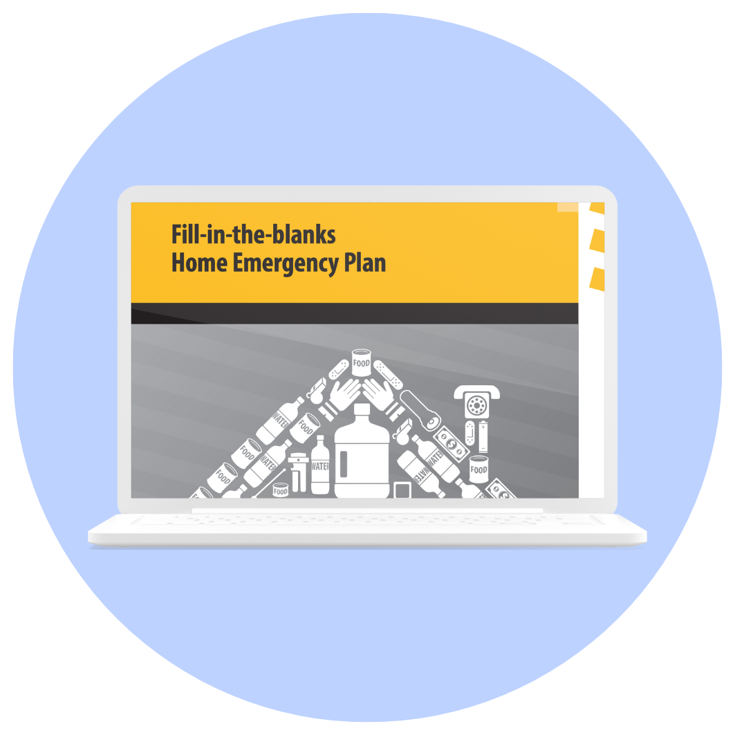 burned hand graphic of laptop open to prepared BC's emergency plan template
